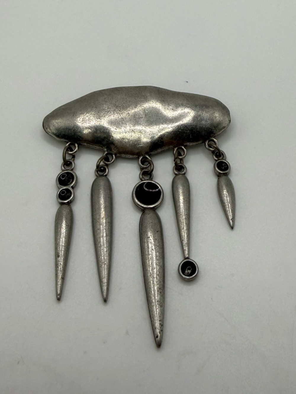 Vintage JJ Jonette Pewter Dangle Brooch Fringe Spike Statement Pin